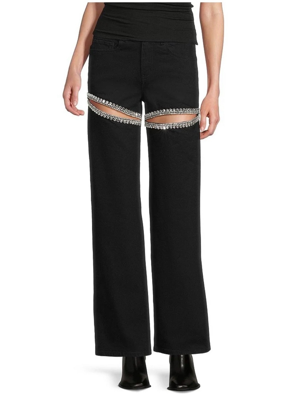 Gianni Bini Black Wide-Leg Jeans with Rhinestone Thigh Cutouts
